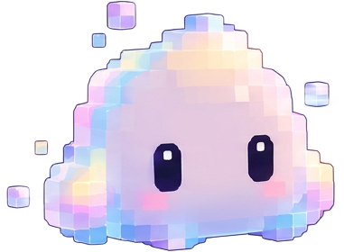 A happy iridescent voxel cloud with glossy eyes and pink cheeks